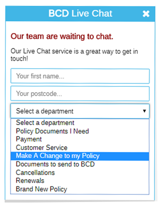 Business Choice Direct's live chat for website prechat form