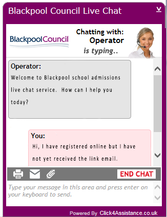 Blackpool Council's live chat on website window. 