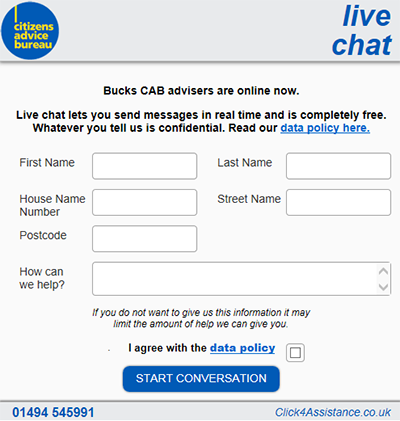 Citizens Advice Bureau's chat on your website prechat form