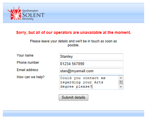 Southampton Solent University, best live chat offline form