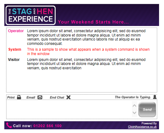 The Stag and Hen Experience's live chat for your website dialogue window