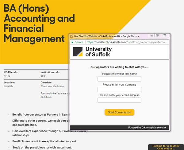 University of Suffolk's live chat for website software