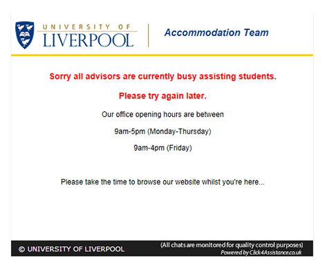 University of Liverpool show their operational hours on their offline chat integration form